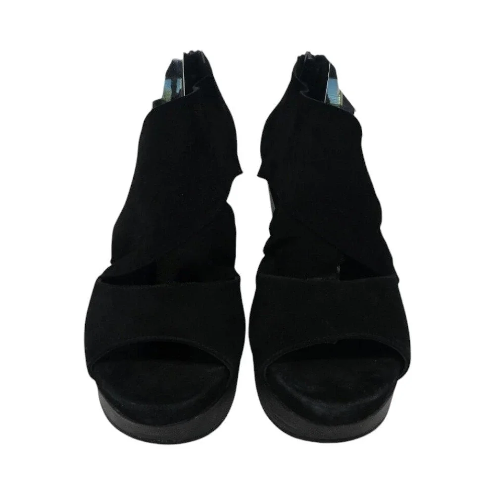 Eileen Fisher Willow Wedge Sandals Women Size 9 Black Suede Platform Crossover